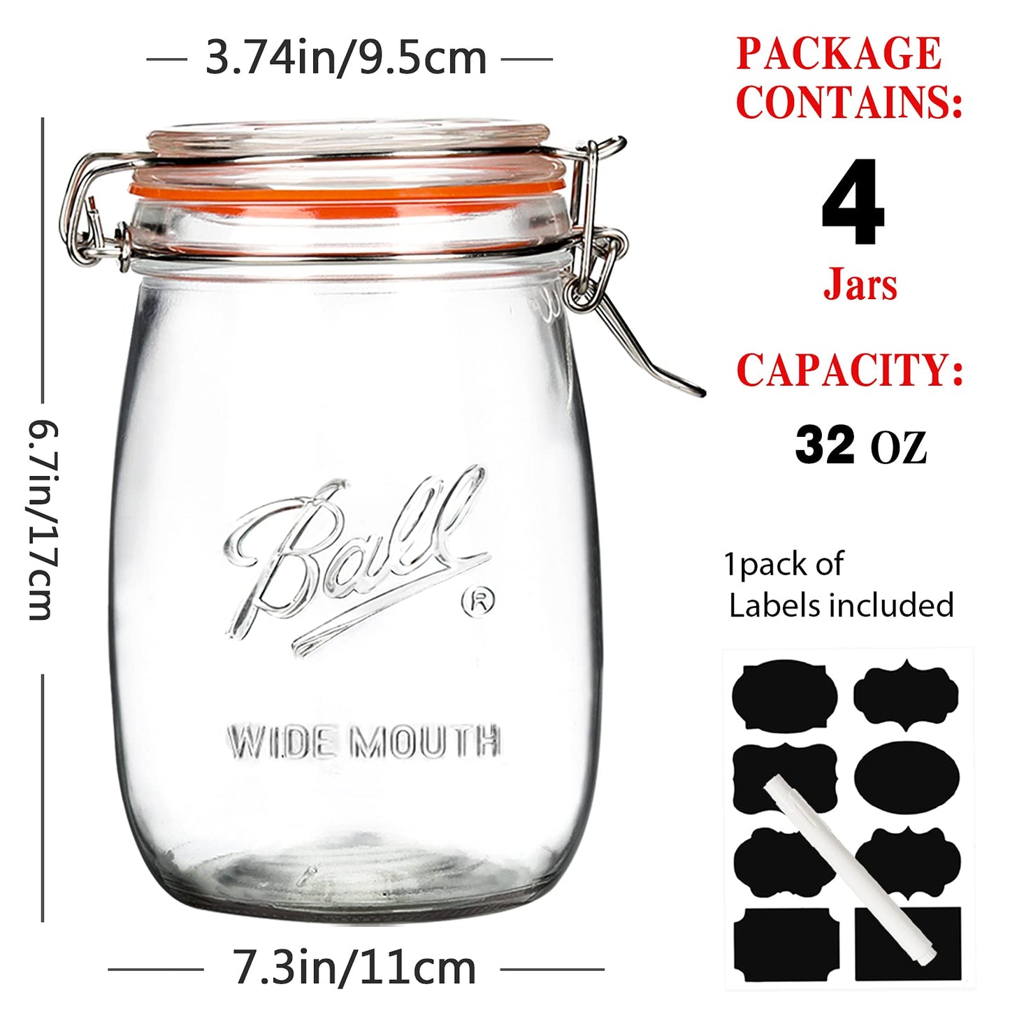 Anwoi Wide Mouth Glass Jars with Airtight Lid 32OZ 4 Pack, Kitchen Storage Large Clear Canister Jars with Hinged Lid with Measurement Marks…