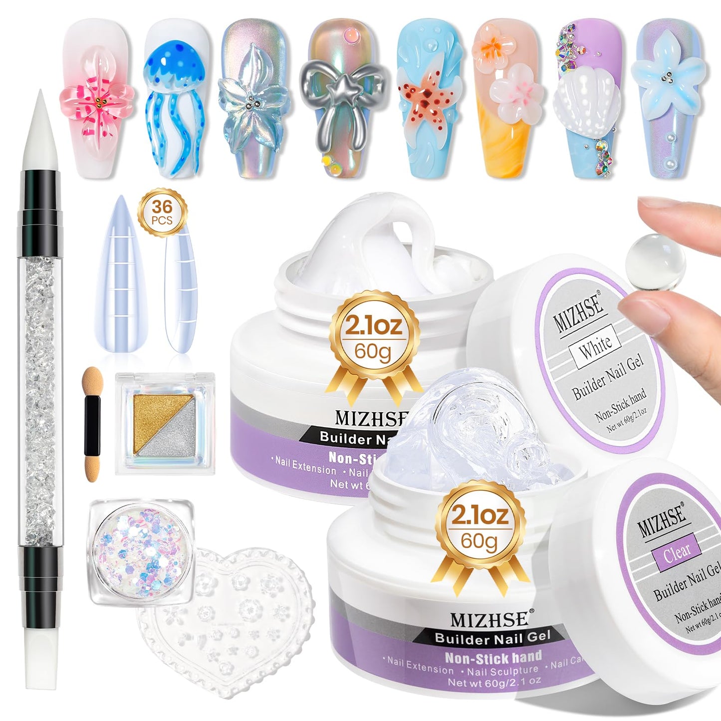 MIZHSE 2PCS 60g Clear and White Solid Builder Gel for Nails, 3D Sculpting Gel for Nail Art with Gold Silver Chrome Powder Nail Form Molding Builder Beauty and Personal Care MIZHSE Default Title