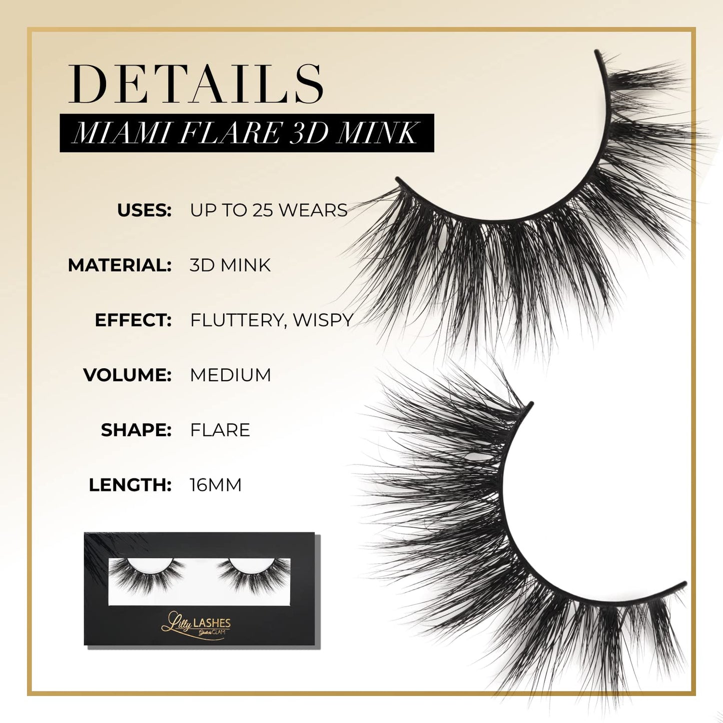 Lilly Lashes Miami Flare 3D Mink Lashes, Mink Eyelashes, The Original Lilly Lash For Wispy & Natural Look, Reusable Eyelashes up to 25x, Fluffy