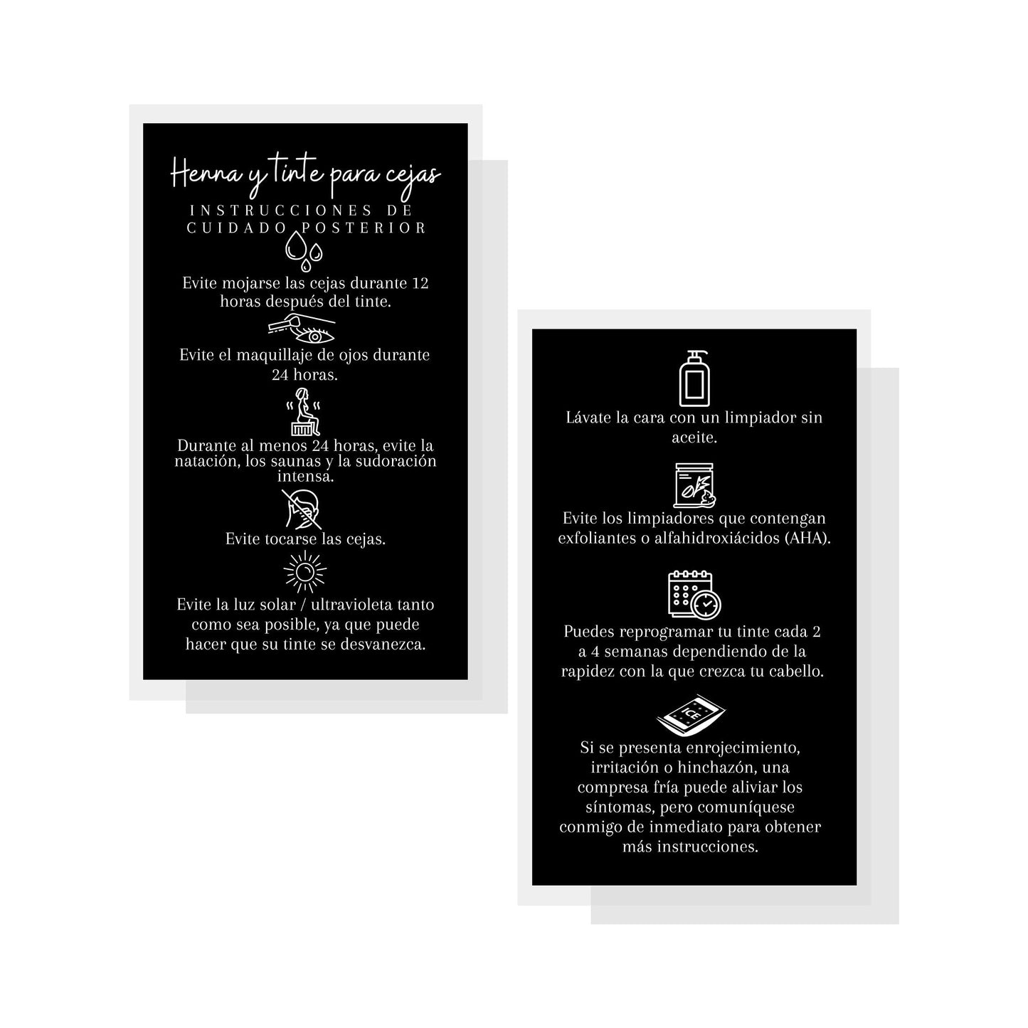 SPANISH Brow Tint & Henna Aftercare Card | Henna y Tinte Para Cejas | 50 Pack | Size 2x3.5” inches Business Card | Starter Lift Kit with Tint at home