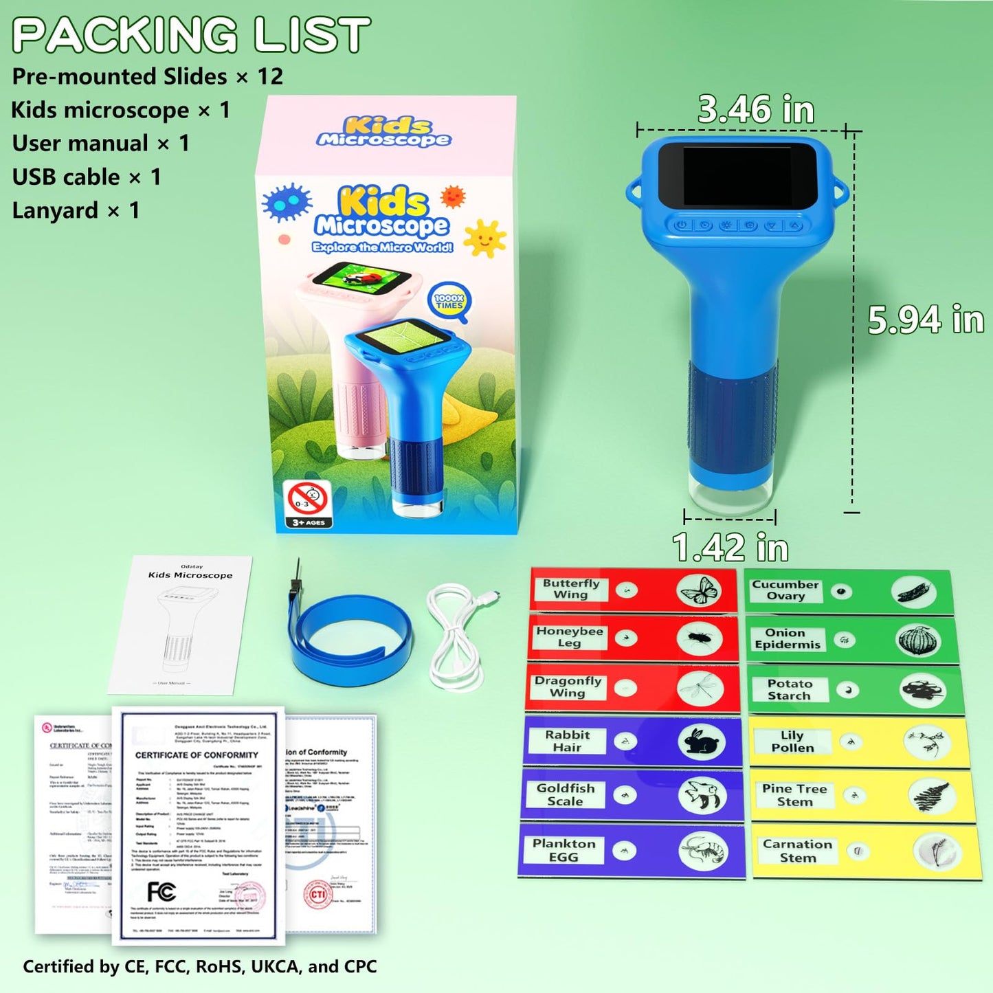 Odatay Kids Microscope – 100x-1000x 1080P Digital Handheld with 12 Slides, Portable Science Toy Gift for Boys & Girls Ages 3–12, Blue