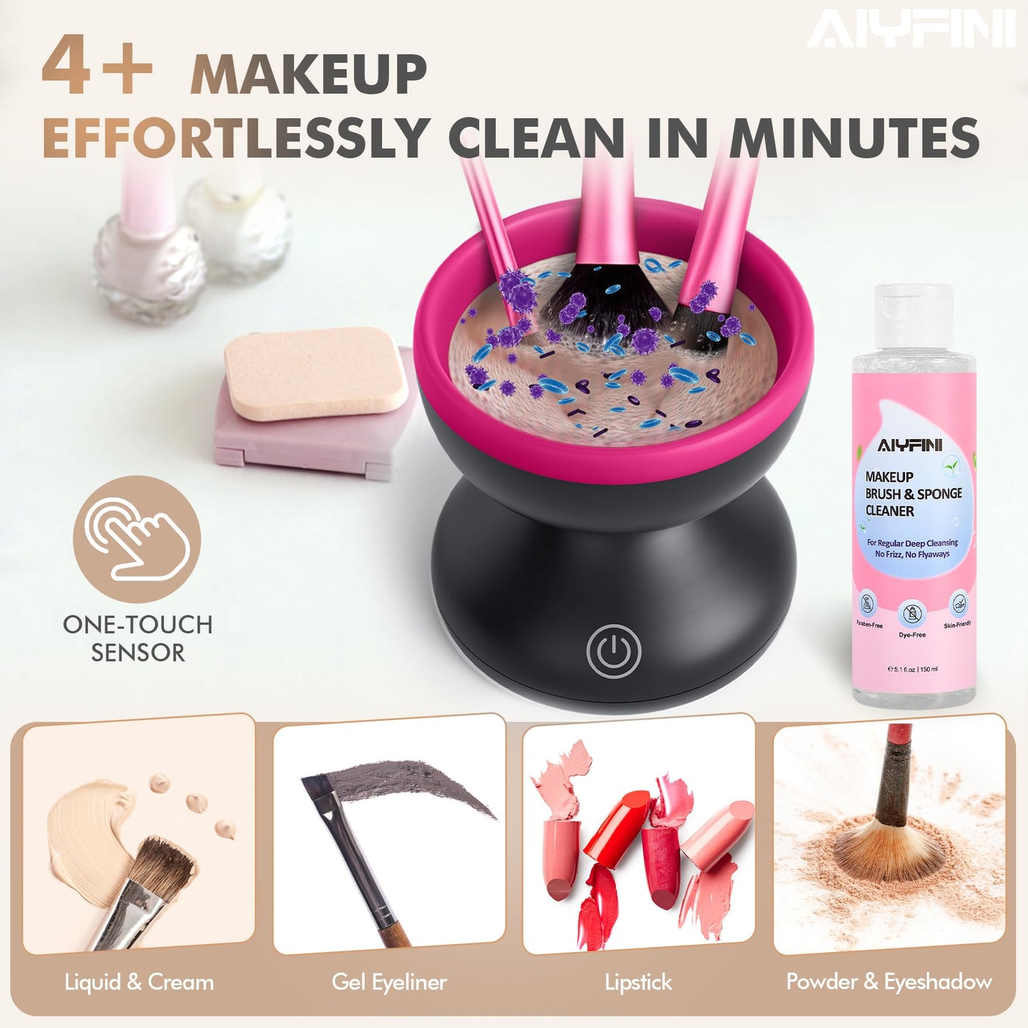 Alyfini Electric Makeup Brush Cleaner Machine, Powerful Friction Removes Residue on Make up Brushes Set/Sponge/Powder Puffs, Efficient Cleaning