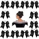 Oaoleer 12PCS 7" Large Glitter Cheer Hair Bows Ponytail Holder Elastic Band Handmade for Cheerleading Teen Girls College Sports (Black)