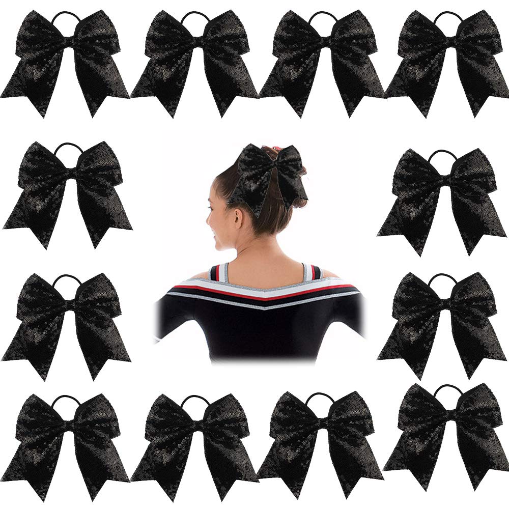Oaoleer 12PCS 7" Large Glitter Cheer Hair Bows Ponytail Holder Elastic Band Handmade for Cheerleading Teen Girls College Sports (Black)