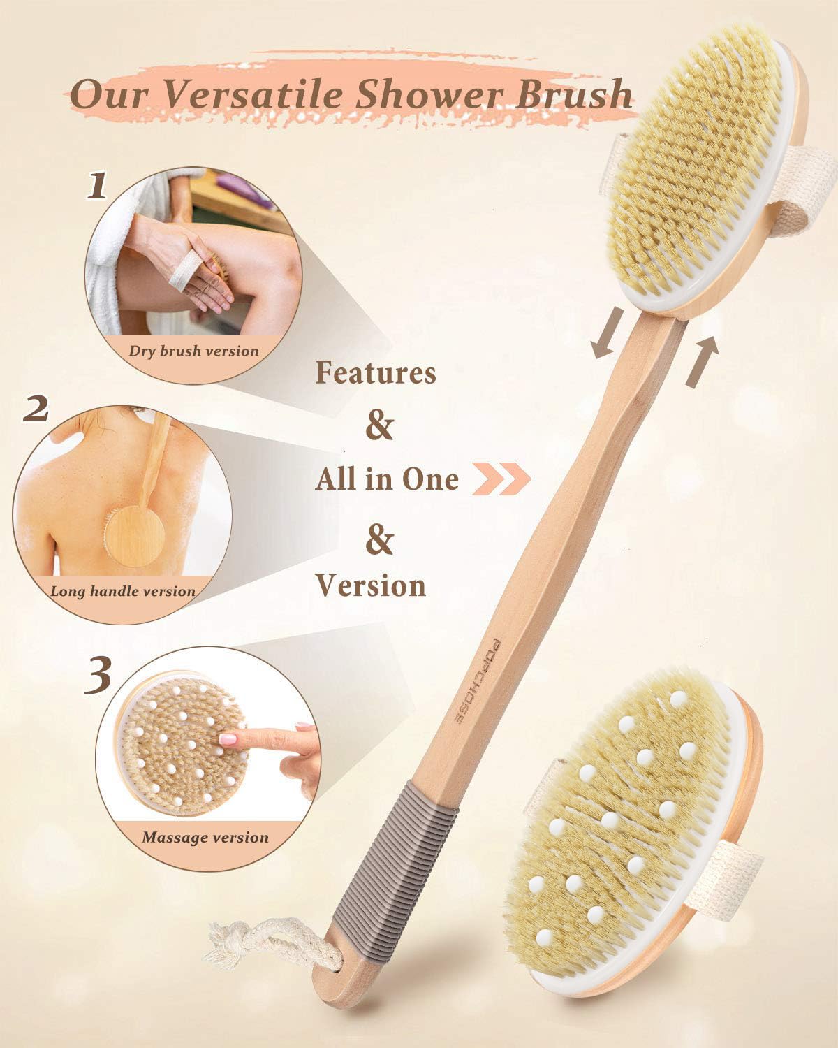 Dry Brushing Body Brush, POPCHOSE Body Scrubber for Men Women, Back Scrubber for Shower, Natural Bristle Exfoliator Scrubber for Body Cellulite