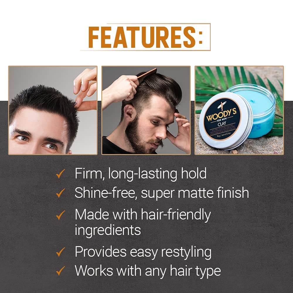 Woody's Hair Clay for Men - Matte Finish, Styling Pomade for Men Stronghold, Firm and Flexible Control, 3.4 oz. 2-Pack