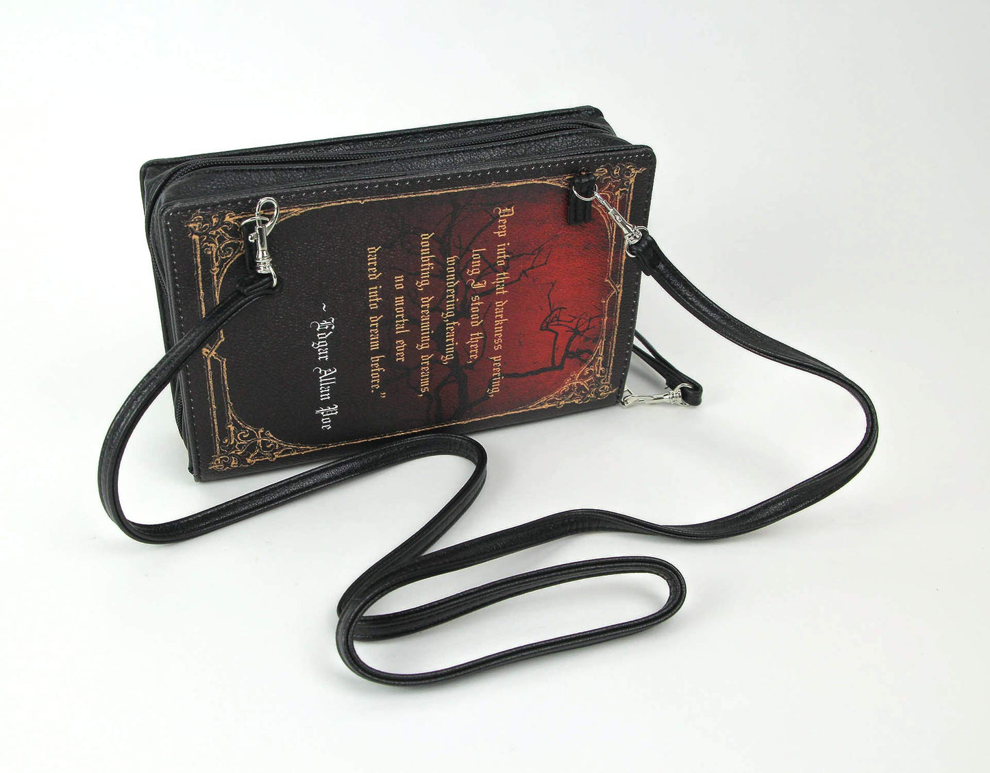 The Raven Book-Shaped Novelty Clutch Purse in Black Vinyl - Comes With Wrist Strap - A Gothic Crossbody Handbag
