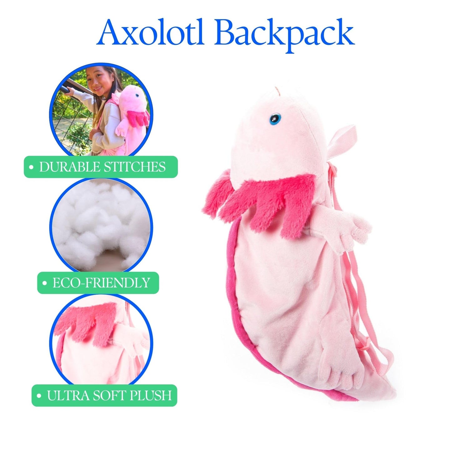 The Petting Zoo Axolotl Stuffed Animal Plushie Backpack, Gifts for Kids, Sealife Animal Toy, Pink Axolotl Plush Toy Book Bag, 20 inches