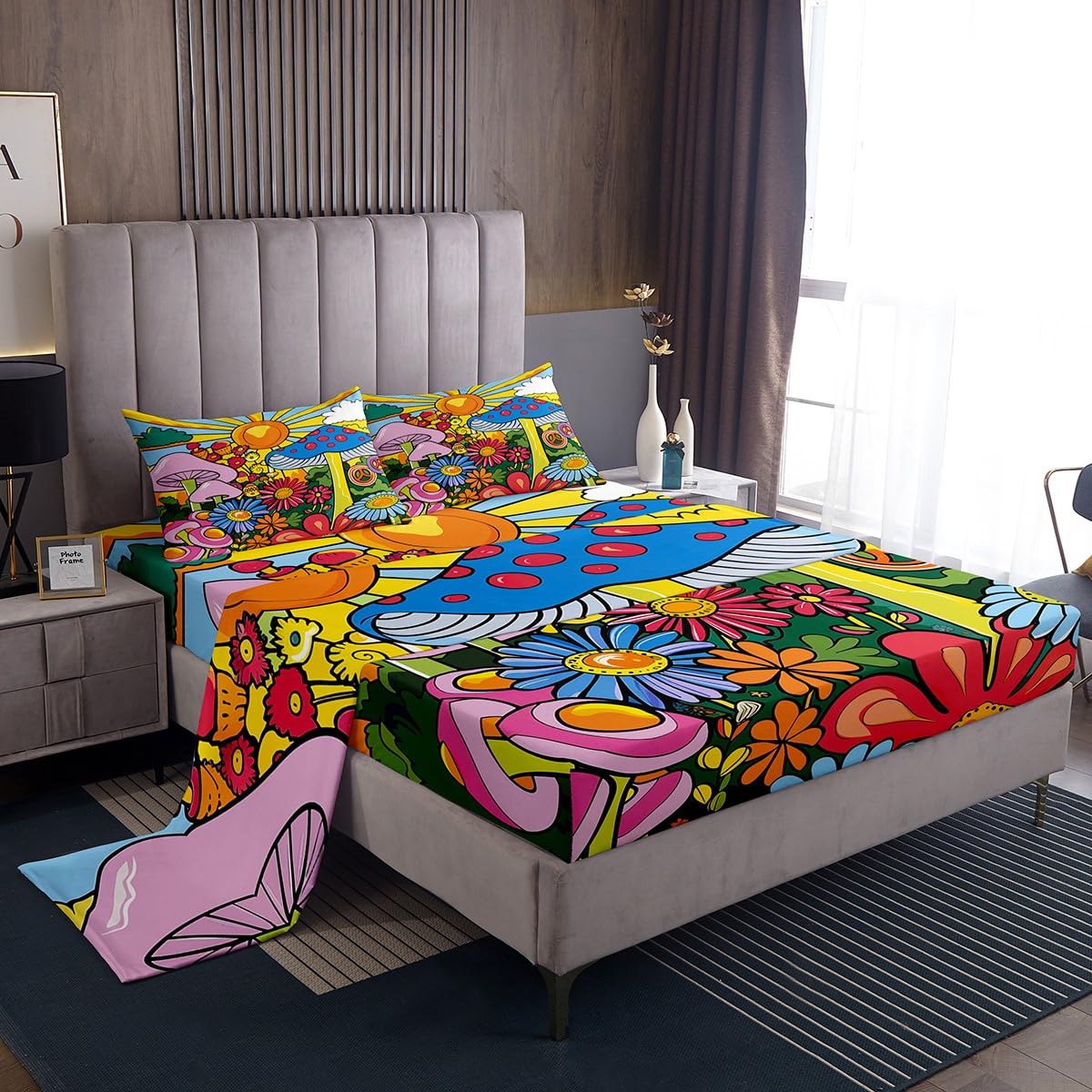 Erosebridal Kawaii Mushroom Full Sheet Set Boho Sun Sheets Hippie Groovy Floral Sheet & Pillowcase Sets 60s 70s Retro Vintage Theme Bed Sheets Chic