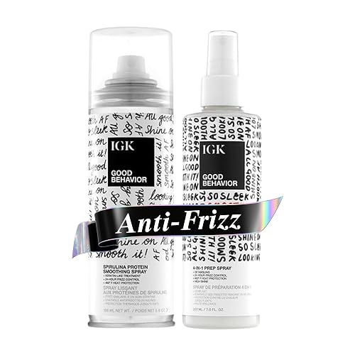 IGK GOOD BEHAVIOR Smoothing Frizz Fighters Set | 4-in-1 Prep Spray + Spirulina Protein Smoothing Spray | Frizz Control + Heat Protectant | Vegan +