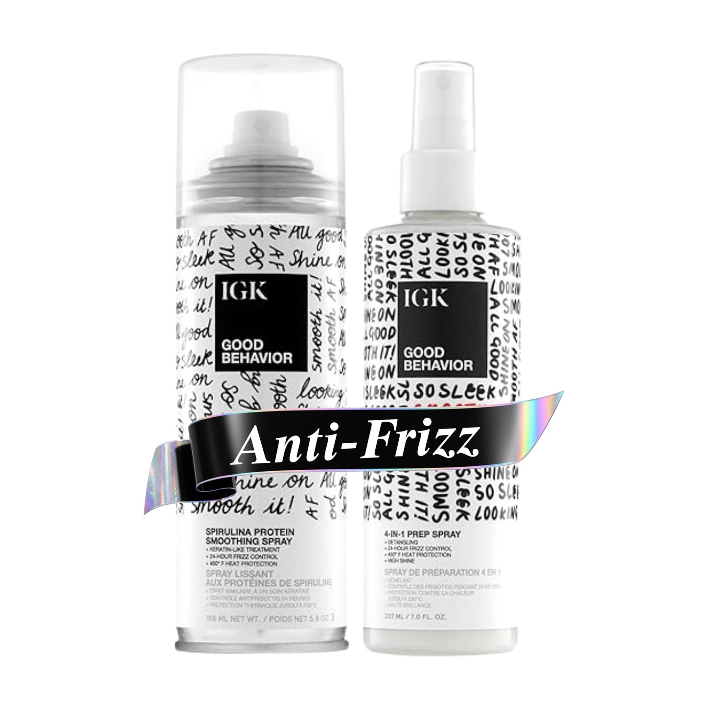 IGK GOOD BEHAVIOR Smoothing Frizz Fighters Set | 4-in-1 Prep Spray + Spirulina Protein Smoothing Spray | Frizz Control + Heat Protectant | Vegan +