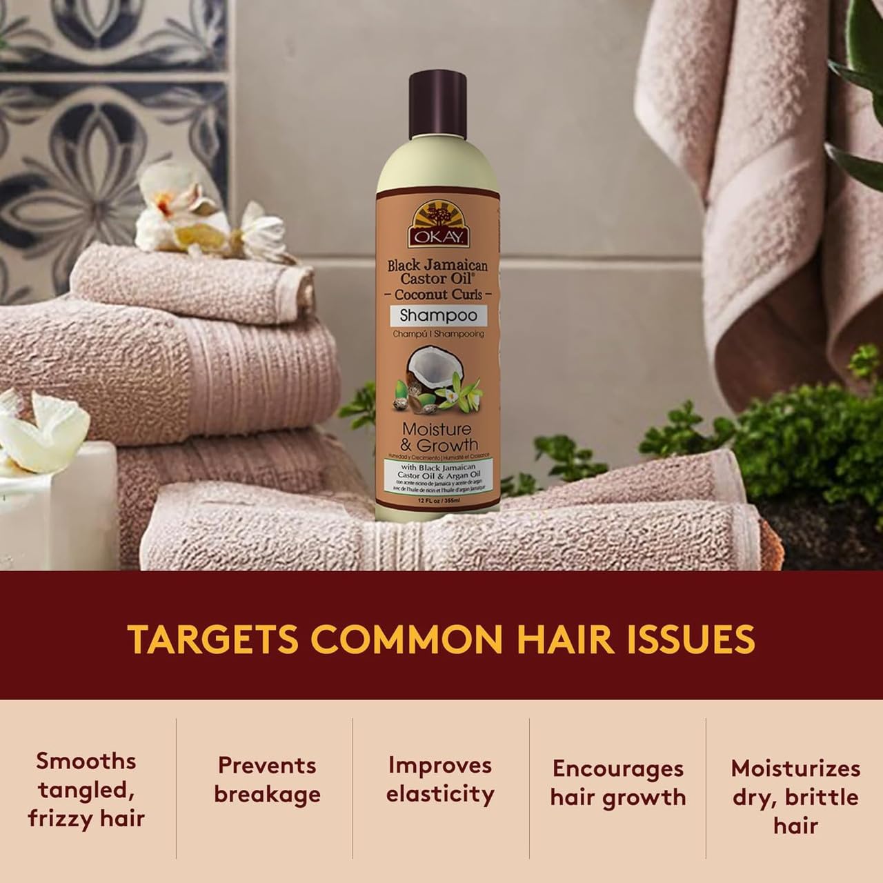 OKAY Black Jamaican Castor Oil Shampoo - Natural, Moisturizing Jamaican Castor Shampoo, Strengthen & Restore Damaged Hair for Women and Men - Coconut