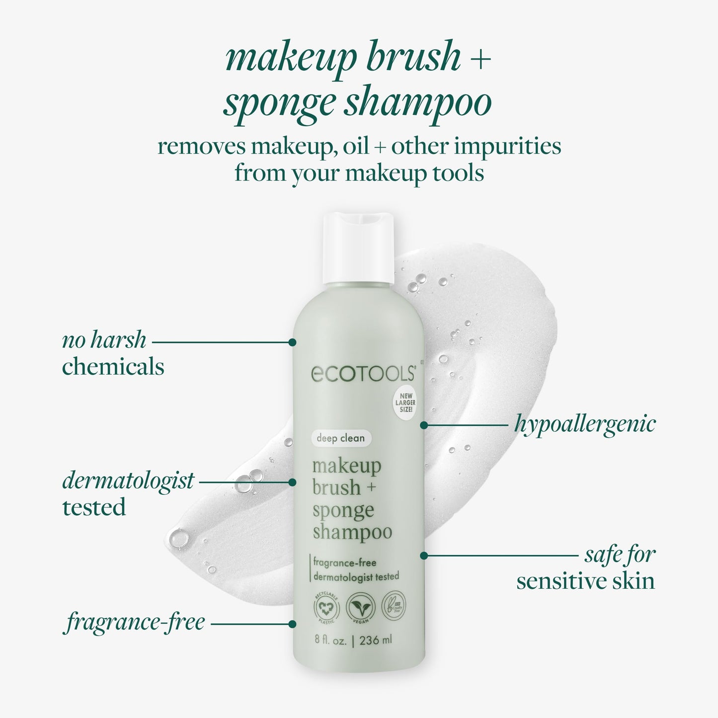 EcoTools Cleanser Shampoo for Makeup Brush/Sponge/Puffs, Remove Makeup & Impurities, Fragrance-Free, No Harsh Chemicals, Vegan & Cruelty-Free, 6