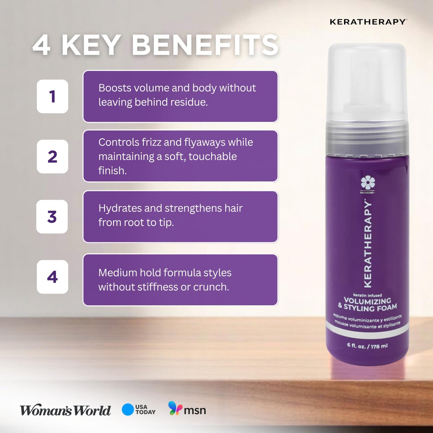 KERATHERAPY Keratin Infused Volumizing Nourishing Styling Foam, 6 fl. oz., 178 ml - Hair Styling Foam with Sunflower Oil, Linseed Oil, & Olive Fruit