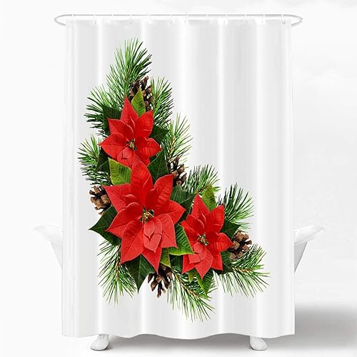 Shrahala Christmas Flowers White Decorative Shower Curtain, Poinsettia Christmas Curtain for Bathtubs Bathroom Decor Waterproof Funny with Grommets…