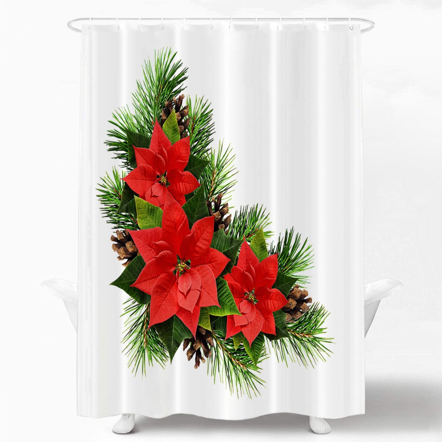 Shrahala Christmas Flowers White Decorative Shower Curtain, Poinsettia Christmas Curtain for Bathtubs Bathroom Decor Waterproof Funny with Grommets…
