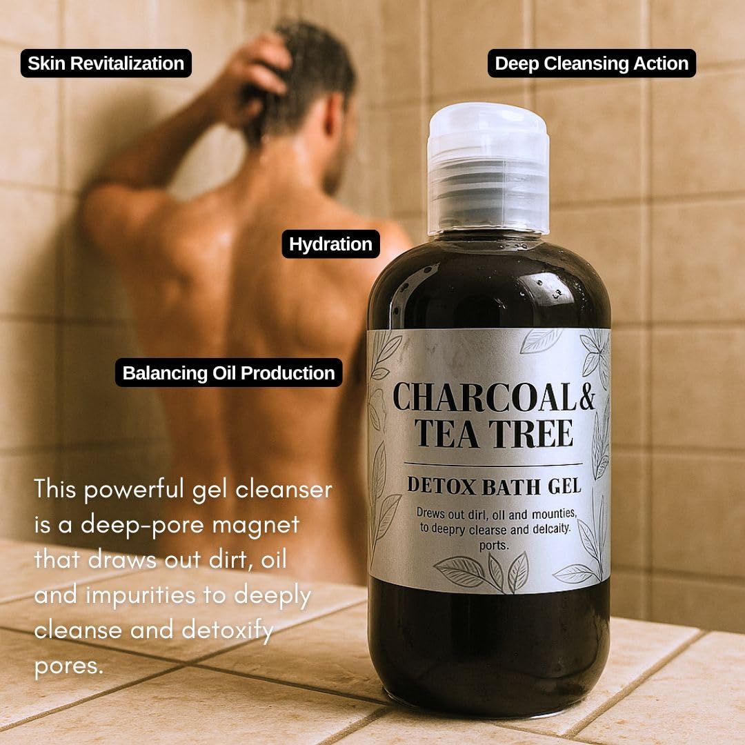 Nature Skin Shop Charcoal & Tea Tree Body Wash, Detoxifying Cleanser for Body Acne, Oily Skin & Clogged Pores, with Organic Ingredients, Sulfate-Free
