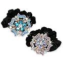 Jeweled Flower Elastic Hair Tie Scrunchie - Set of 2 - White Gold Color Metal with Decorative Blue and Pink Rhinestone Crystals - 1.75"W