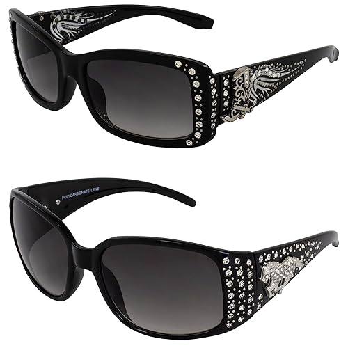 Rodeo Queen 2 Pairs of Fashion & Studded Sunglasses for Women Black Frame w/Metal Accent Piece Bling Rhinestones & Smoke Gradient Lenses