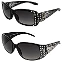 Rodeo Queen 2 Pairs of Fashion & Studded Sunglasses for Women Black Frame w/Metal Accent Piece Bling Rhinestones & Smoke Gradient Lenses