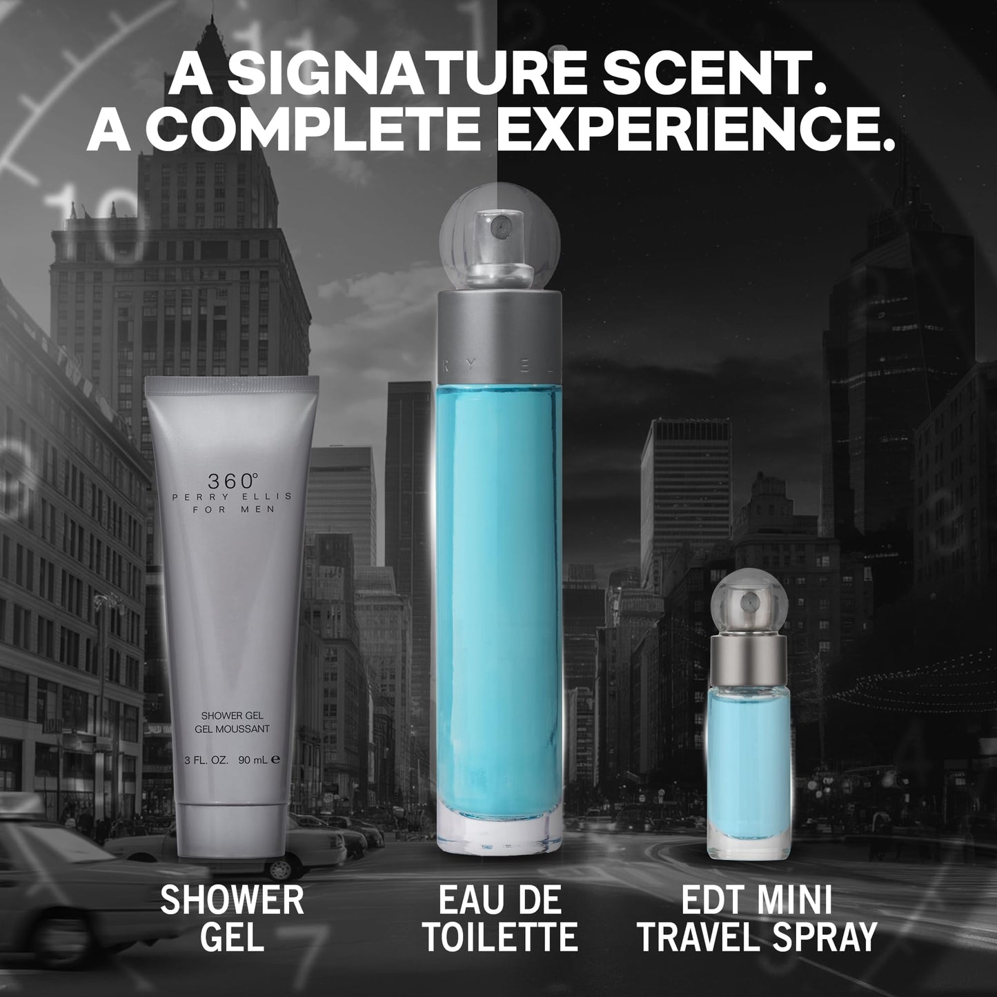 Perry Ellis 360° 3-Piece Gift Set - Men's Cologne - 3.4 fl oz EDT, 3 oz Shower Gel, .25 fl oz EDT mini travel spray - fresh, woody, citrus, aquatic,