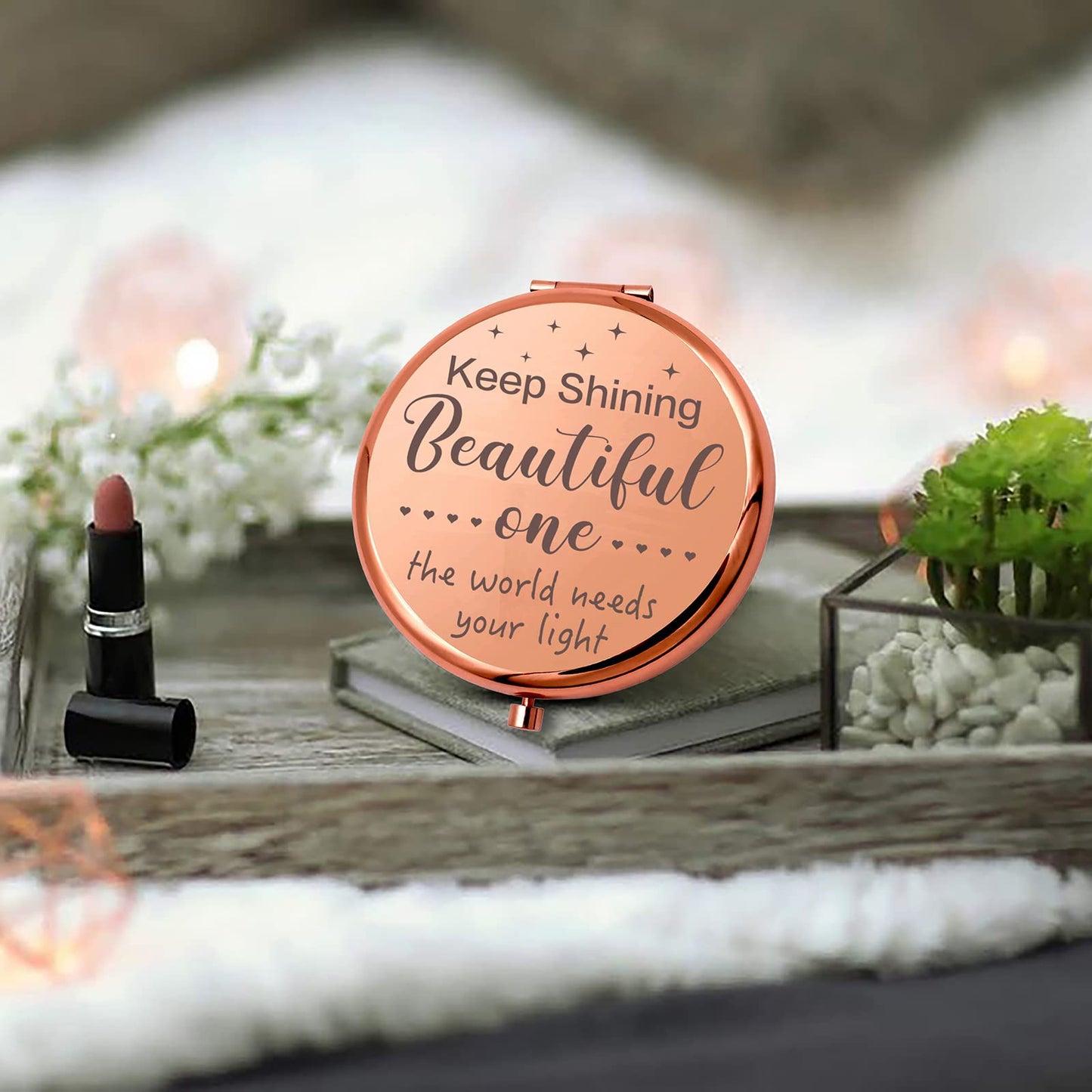 YSUNM Ming Heng Inspirational Personalized Rose Gold Travel Pocket Compact Pocket Makeup Mirror Gift for Best Friend Sister Her Daughter Girlfriend