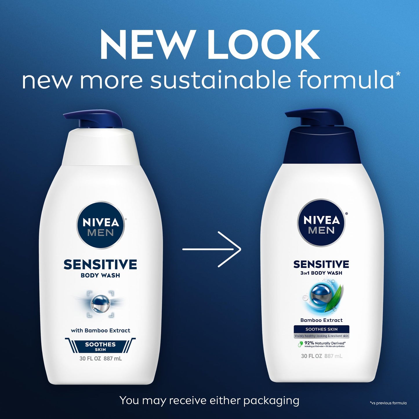 NIVEA MEN Sensitive Body Wash with Bamboo Extract, Moisturizing Body Wash for Sensitive Skin, Soap Free Shower Gel for Men with No Drying Alcohol, 30
