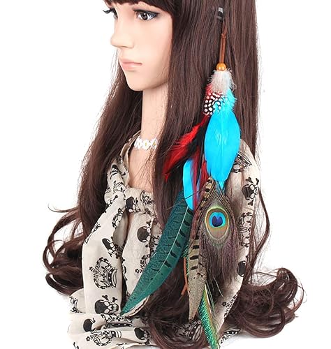 Handmade Peacock Feather Hippie Hair Extension Headband Bohemia Feather Hair Clips Comb with Bead Women Hairpin Headdress DIY Accessories