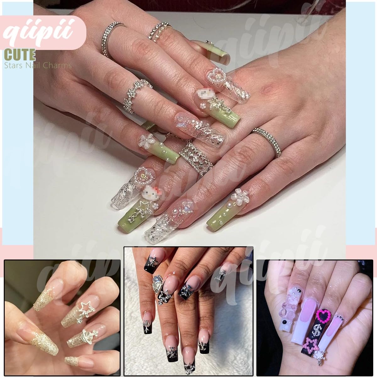 qiipii 32Pcs Star Nail Charms for Acrylic Nails 3D Silver Dangle Stars Nail Rhinestones Gems Jewels Pentagram Cute Crystal Diamond Alloy Studs Nail