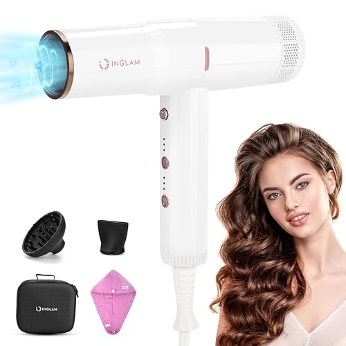 Hair Blow Dryer with Diffuser, IG INGLAM Professional High Speed Brushless Motor Negative Ion Low Noise Constant Temperature, 3 Heat Settings 3 Speeds