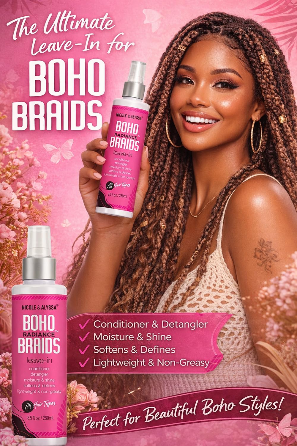 Nicole & Alyssa Leave-In Conditioner Spray for Boho & Crochet Styles, Lightweight Moisturizing Detangler, Curl-Friendly Formula, Frizz Control