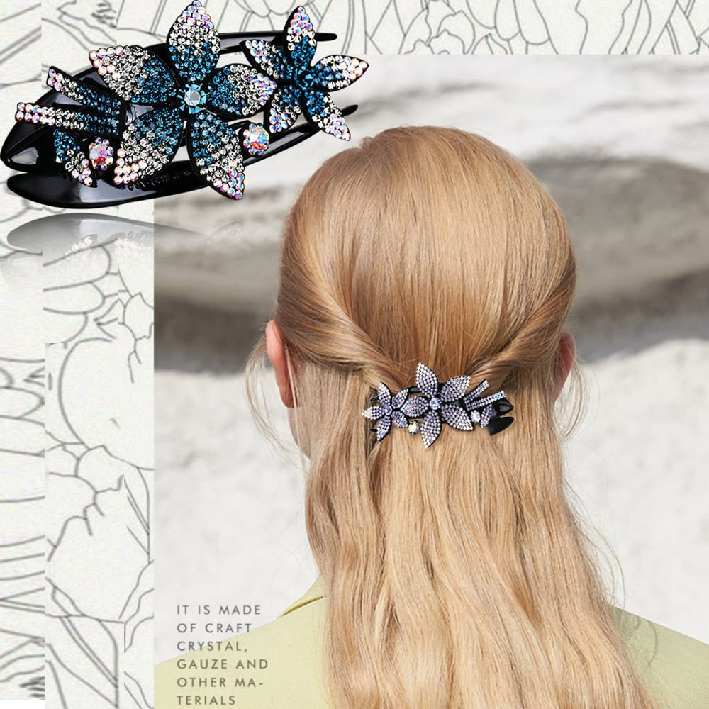 6 Pack Rhinestone Double Flower Hair Clip for Women Girls, Crystal Duckbill Clip Hairpin with Teeth Non-Slip Women Elegant Hair Dovetail Clips