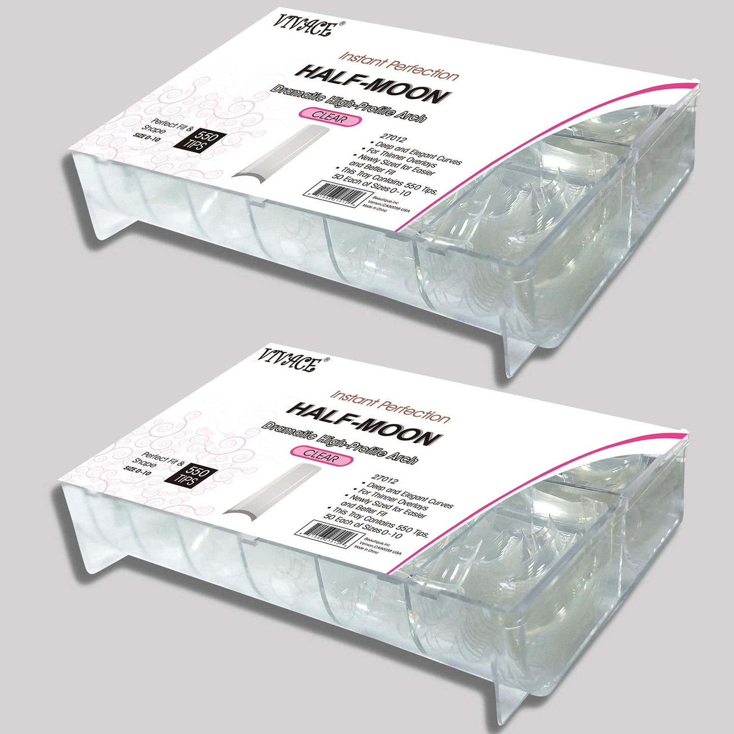 Vivace 2PACK Natural/Clear Half-moon 510 Artificial Fake Gel Nails (total 1020Tips) 11Sizes For Nail Salon Nail Shop 27010/27012 (Half-Moon)