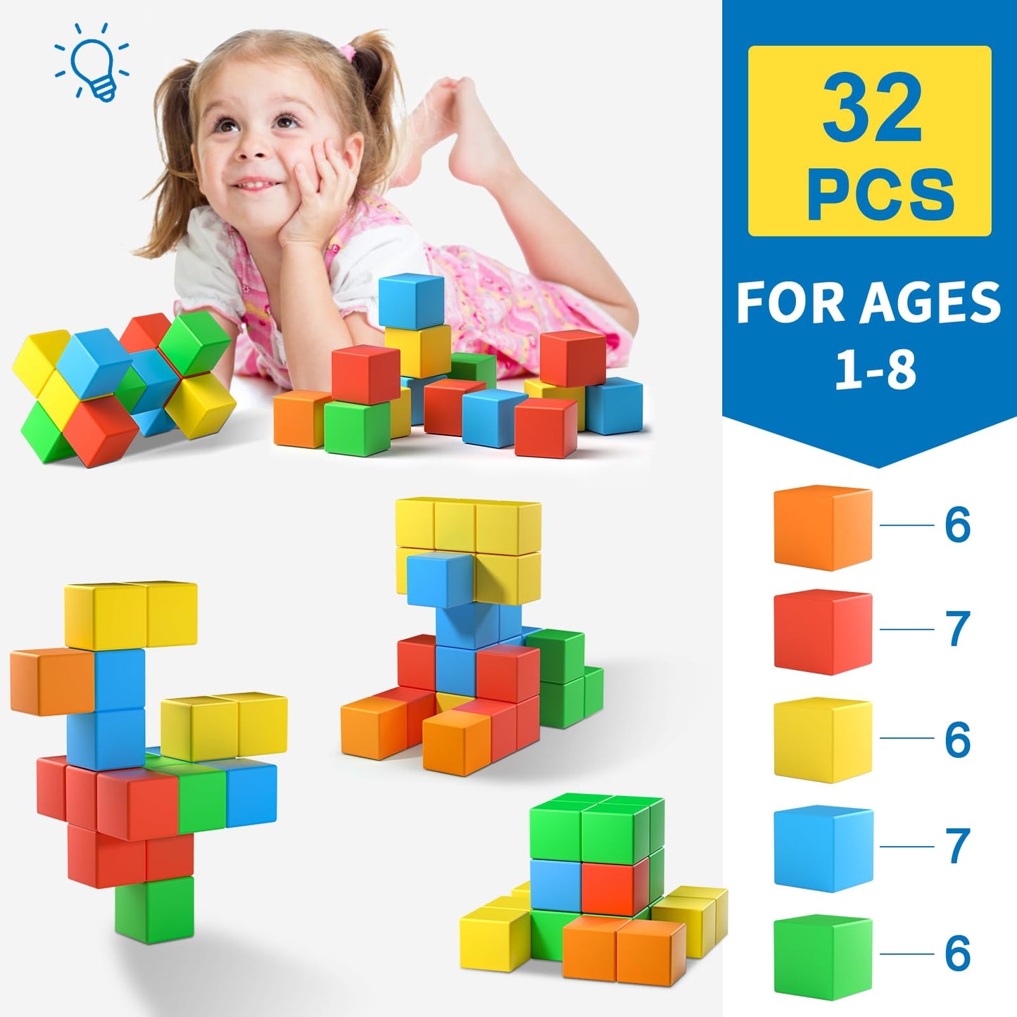 Feoxialy 32pcs Large Magnetic Blocks 1.42in – Colorful Building Cubes for Toddlers & Kids Ages 3-8, Educational STEM Learning Toys