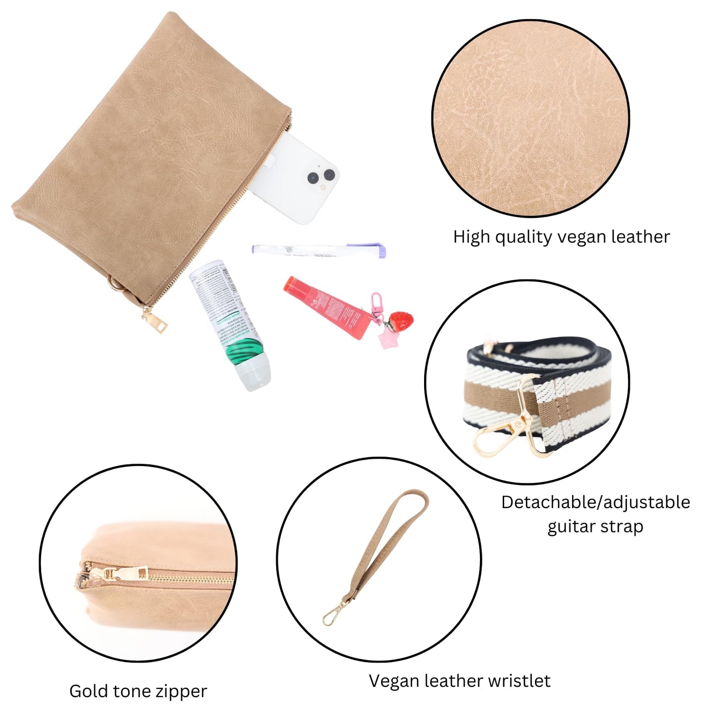 JEN & CO. Izzy Vegan Leather Crossbody Bags Clutch Purses Wristlet Wallet Shoulder Handbag with Guitar Strap for Women (Black)