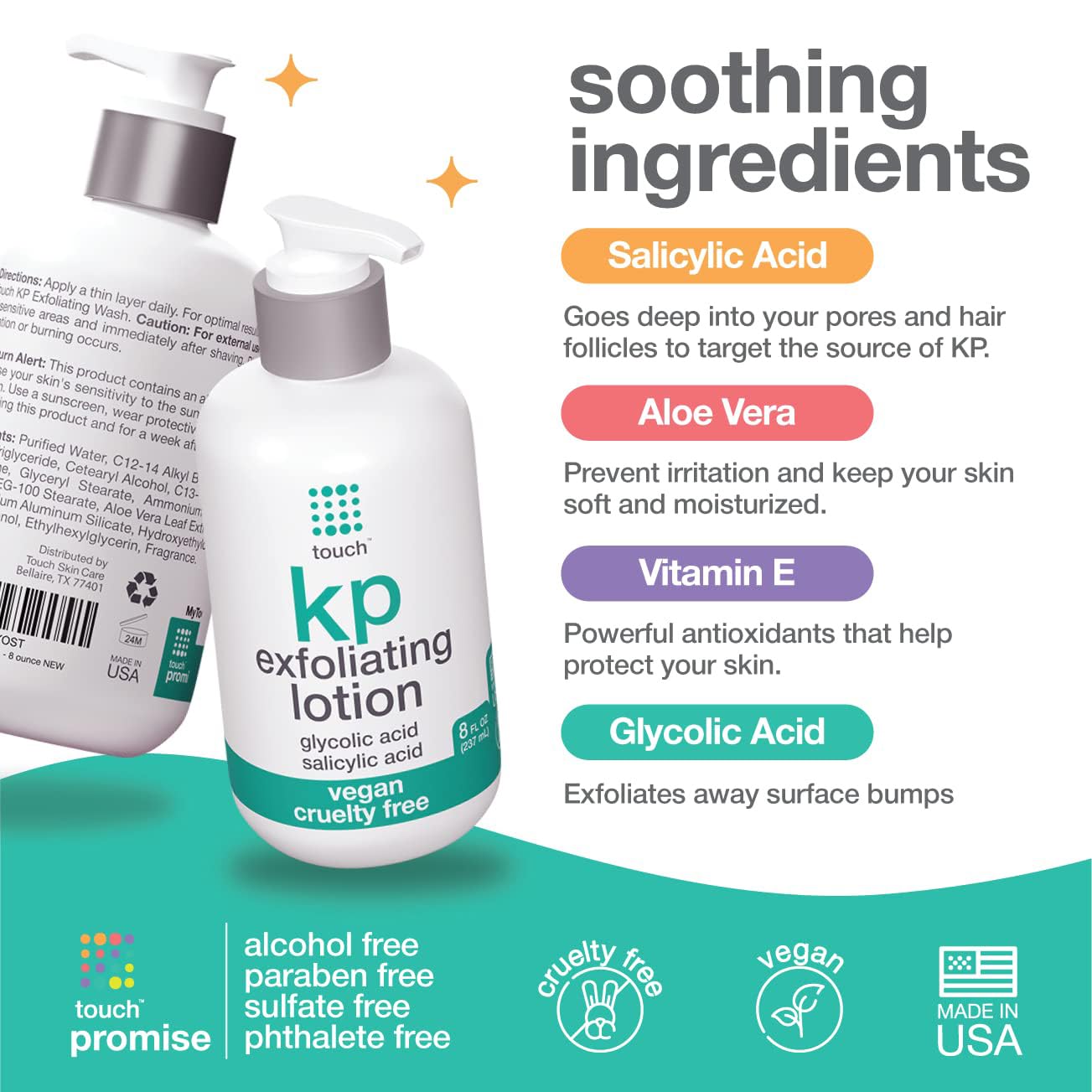 TOUCH Glycolic Acid Lotion for Keratosis Pilaris - KP Exfoliating Body Lotion Moisturizer - for AHA BHA Rough & Bumpy Skin- Gets Rid of Redness