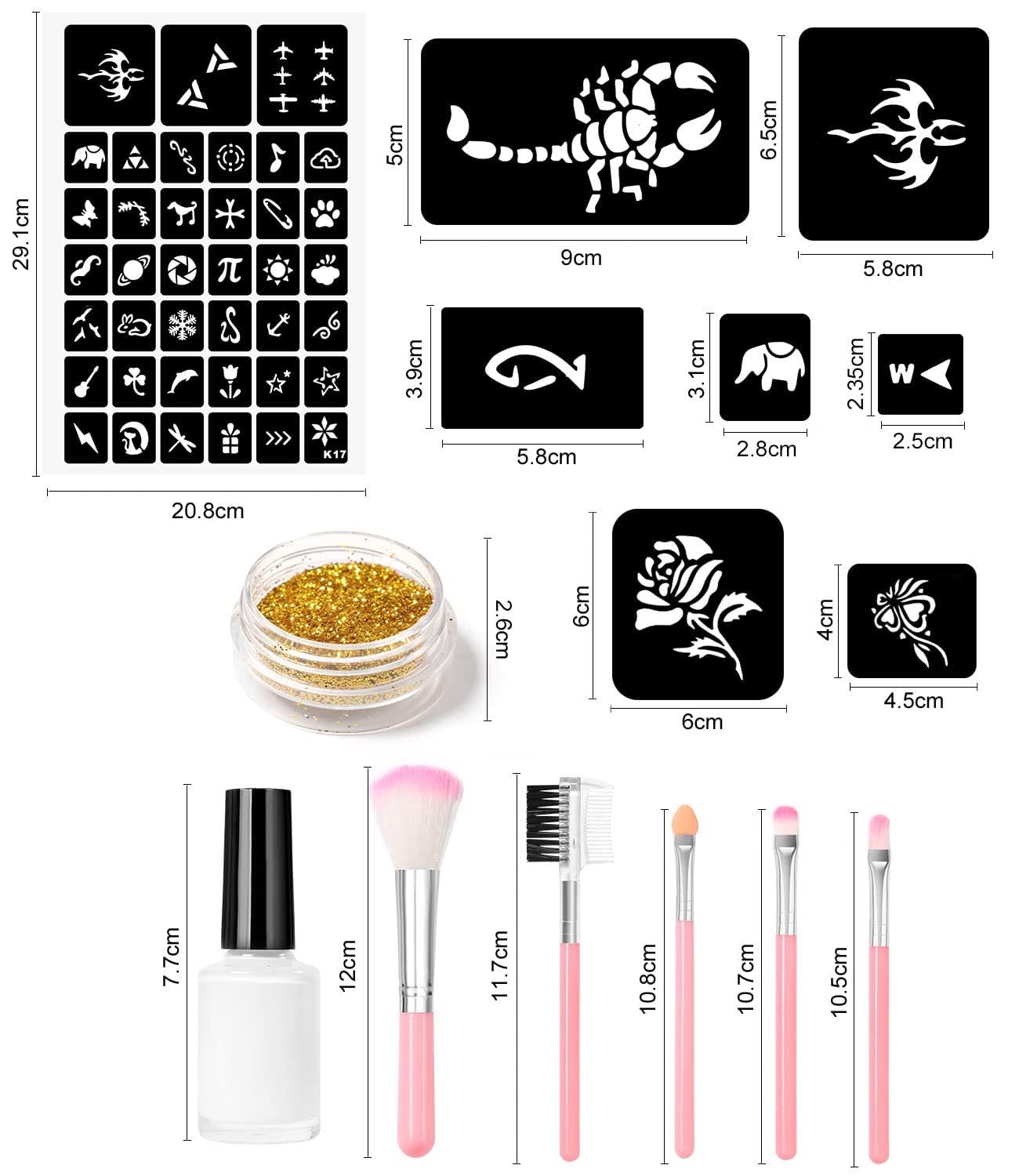 Temporary Glitter Tattoo Kit for Kids makeup,30 Body Glitter,3 Glitter Glue,5 Sheets Tattoos Stencil,5 Pcs Makeup Brush,6 Fluorescent