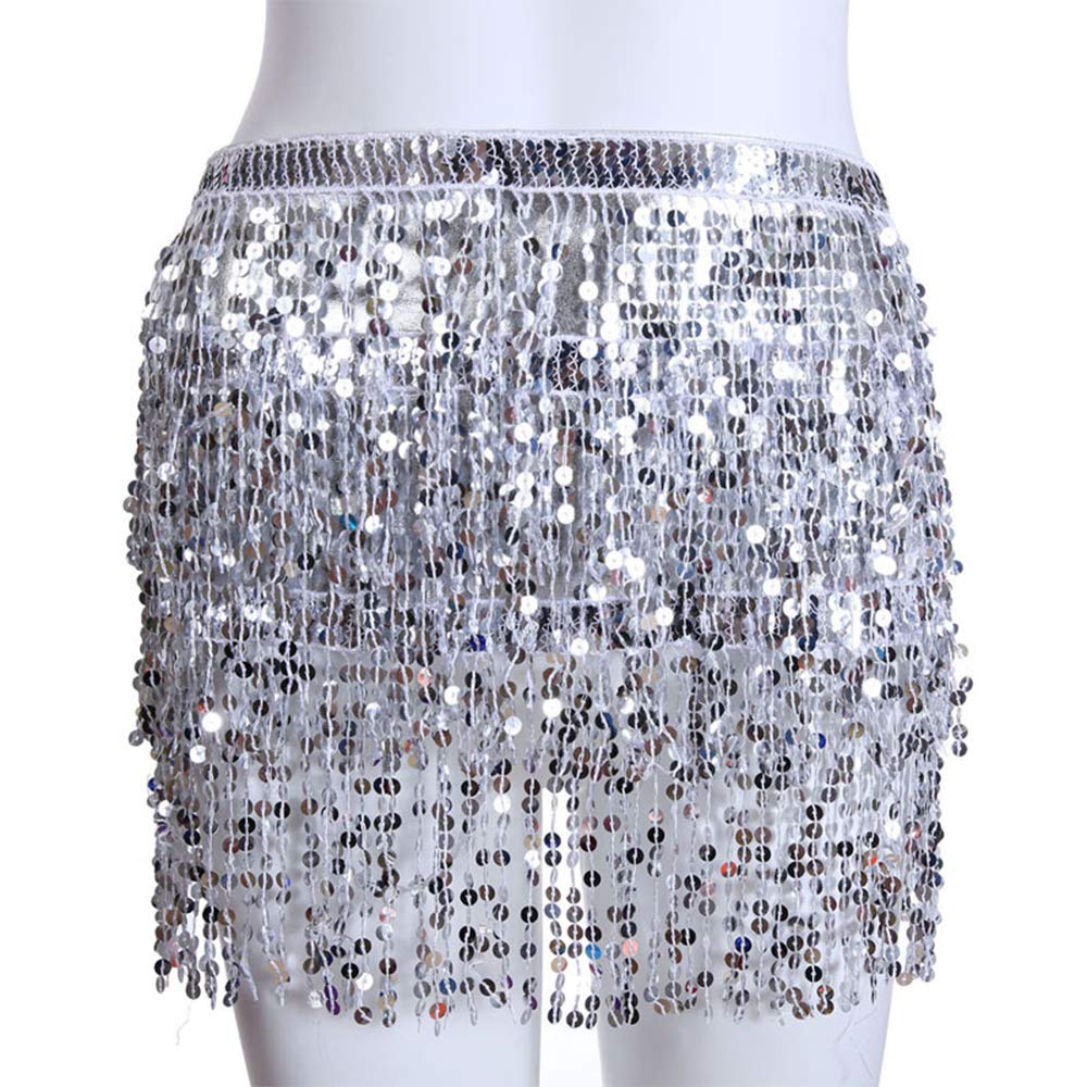 Aimimier Belly Dance Hip Skirt Sequins Tassel Scarf Multi-Layered Belly Belt Dance Wrap Rave Costume Performance Festival Dresses for Women (Silver)