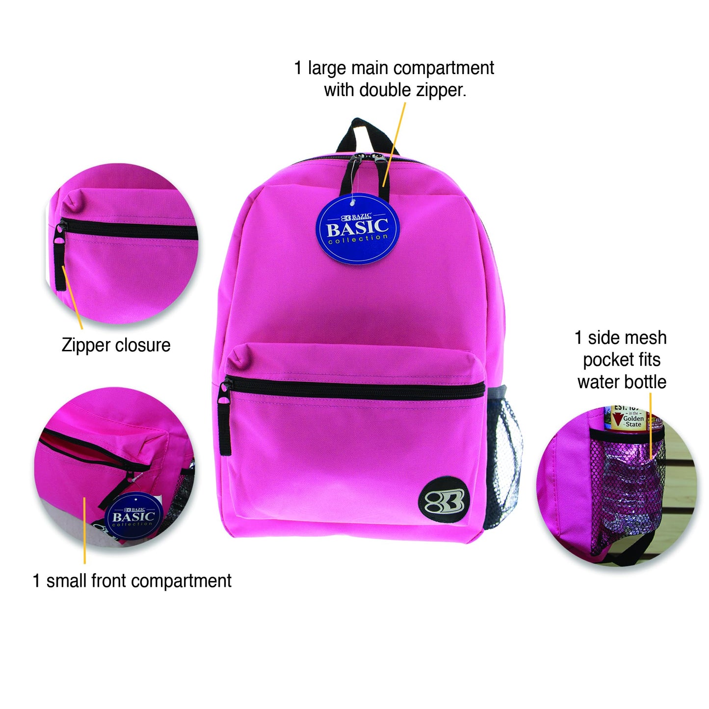 BAZIC School Backpack 16" Fuchsia, Lightweight School Bag Padded Back & Adjustable Strap for Students, Travel Bag Fit A4 Notebook, 1-Pack