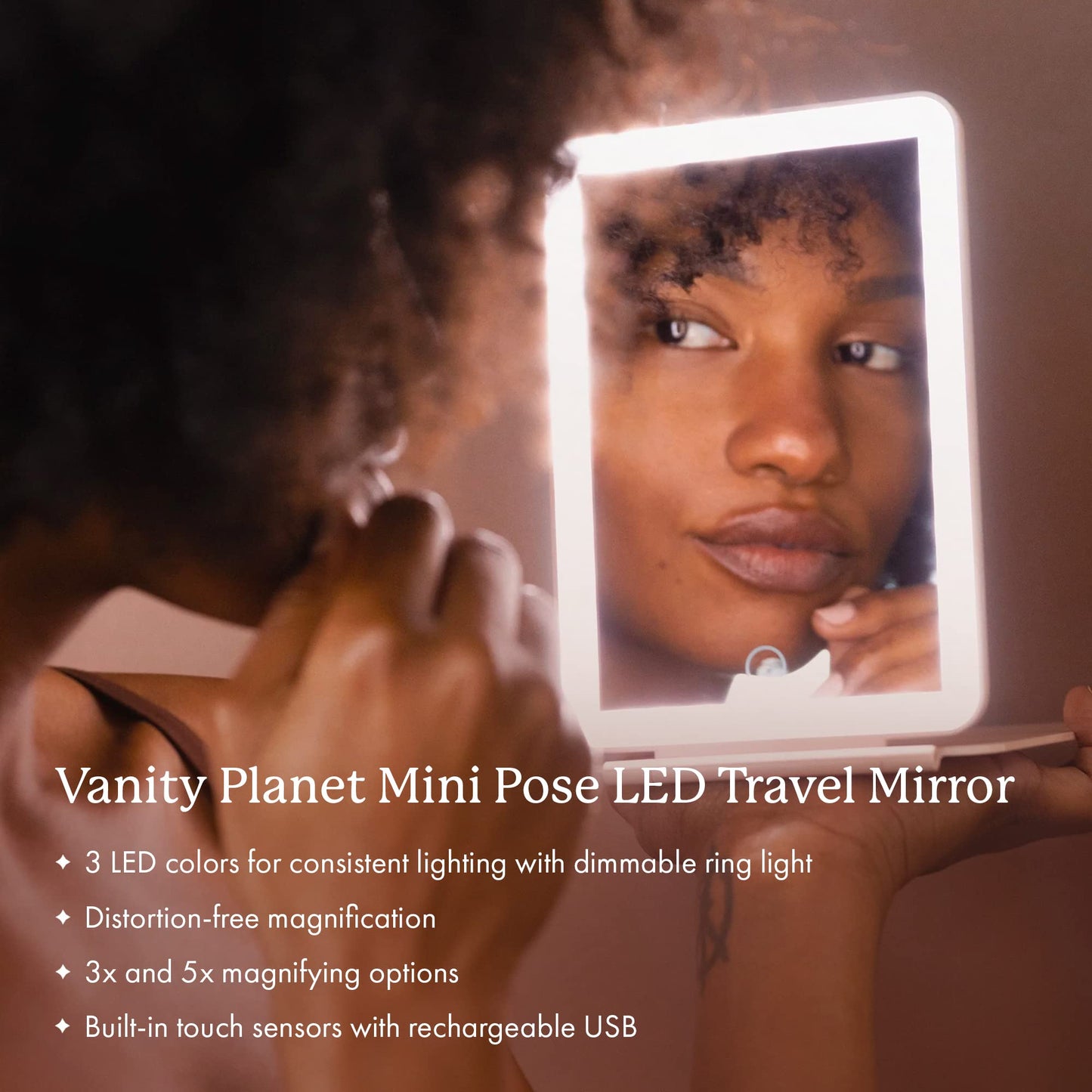 Vanity Planet Handheld Makeup Mirror with Lights, Mini Pose 2.0 (Blush) - Travel LED Mirror with 3X & 5X Magnification - Dimmable Lighting & Micro-USB