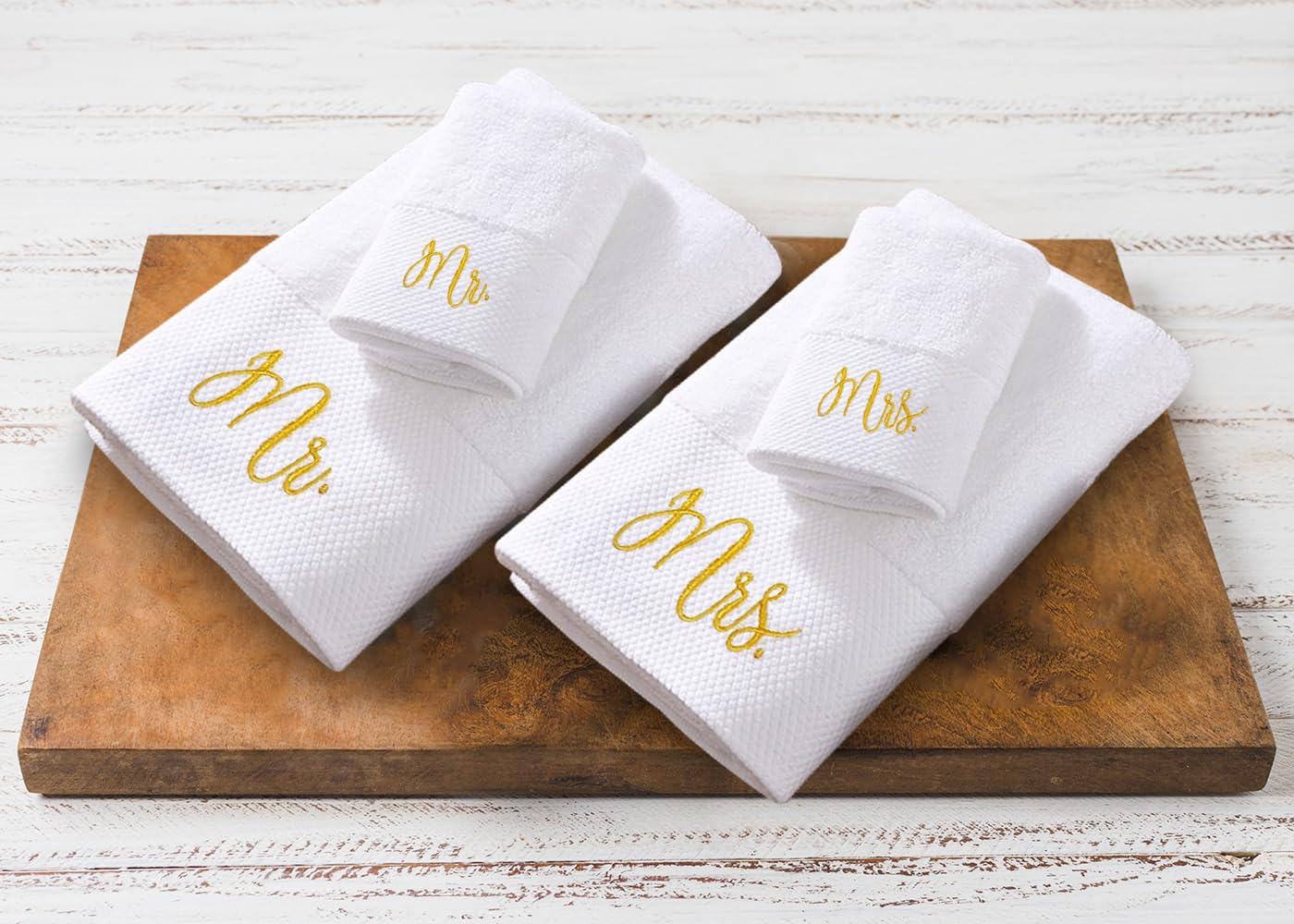 RUBBER BOND Mr and Mrs Towels Set with Gift Box - 4 Pack Bath & Hand Towels for Couples - Cotton Towels Set - Wedding, Honeymoon Gifts - White…