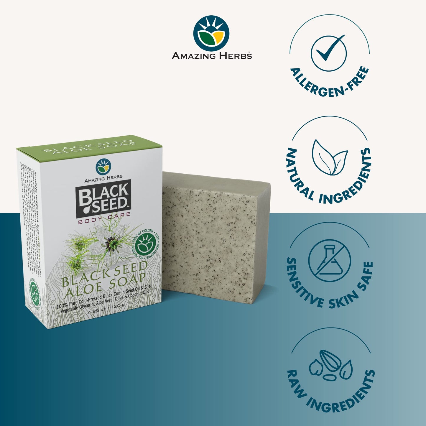 Amazing Herbs Black Seed Soap - 100% Pure Cold-Pressed Black Cumin Seed Oil, All Natural, Free of Colors, Dyes, & Fragrances - Black Seed Aleo Vera