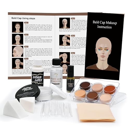 Bald Cap Halloween Makeup Kit for Men & Woman, Complete Bald Cap Costume Character Set , SFX Makeup Kit, Professional Realistic Bald Cap Kits