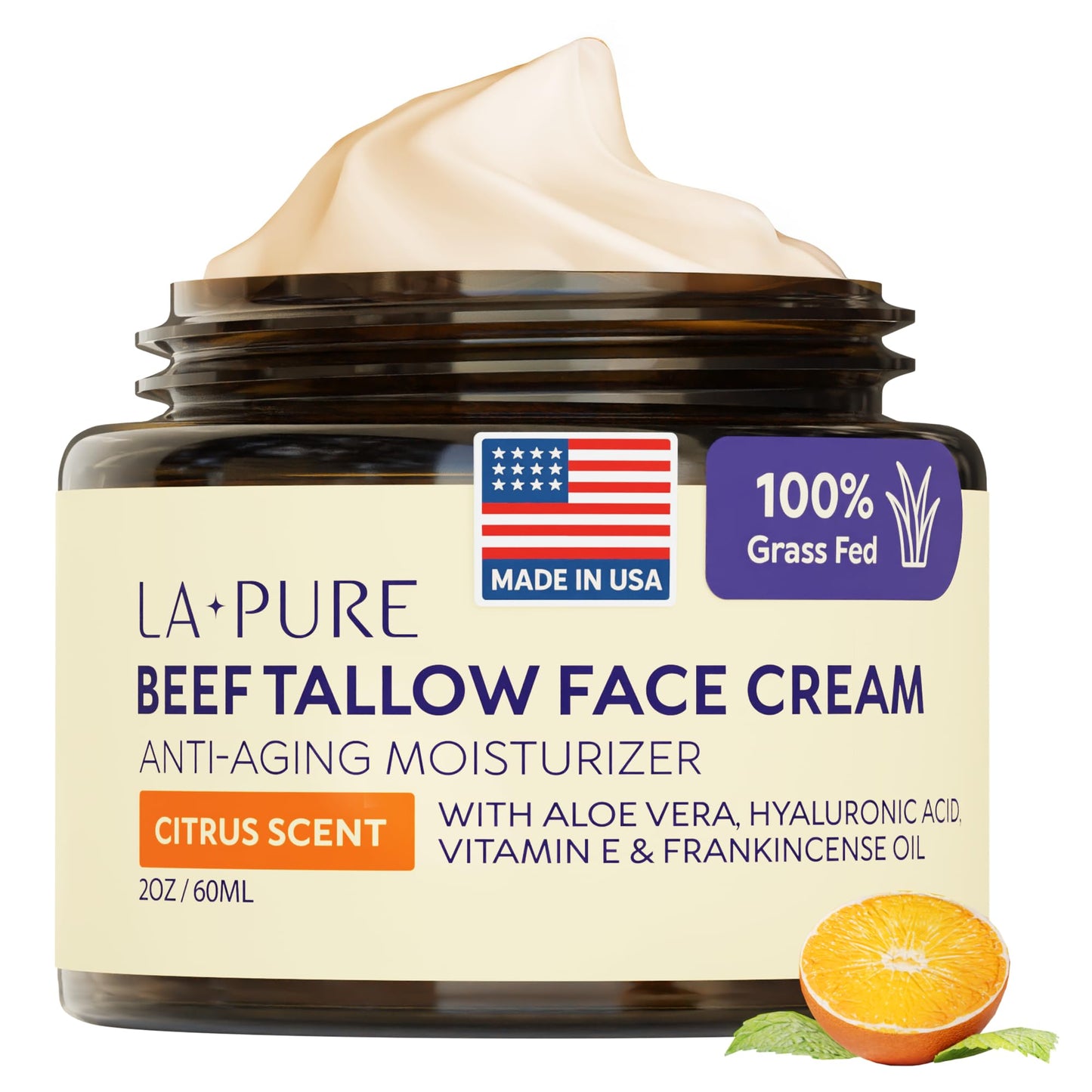 LA PURE Beef Tallow for Skin, Grass-Fed Tallow Face Cream with Aloe Vera, Hyaluronic Acid, Frankincense & Vitamin E to Hydrate, Firm, and Smooth Skin