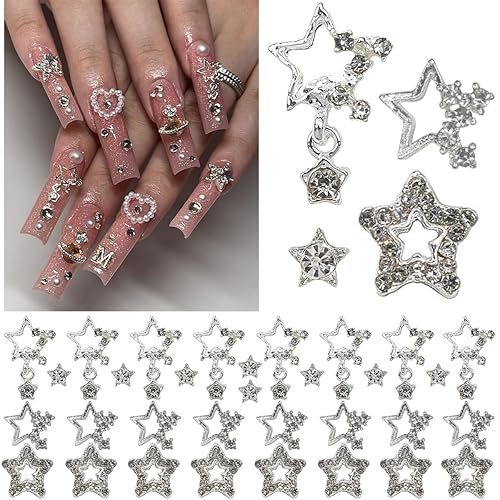 qiipii 32Pcs Star Nail Charms for Acrylic Nails 3D Silver Dangle Stars Nail Rhinestones Gems Jewels Pentagram Cute Crystal Diamond Alloy Studs Nail