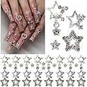 qiipii 32Pcs Star Nail Charms for Acrylic Nails 3D Silver Dangle Stars Nail Rhinestones Gems Jewels Pentagram Cute Crystal Diamond Alloy Studs Nail