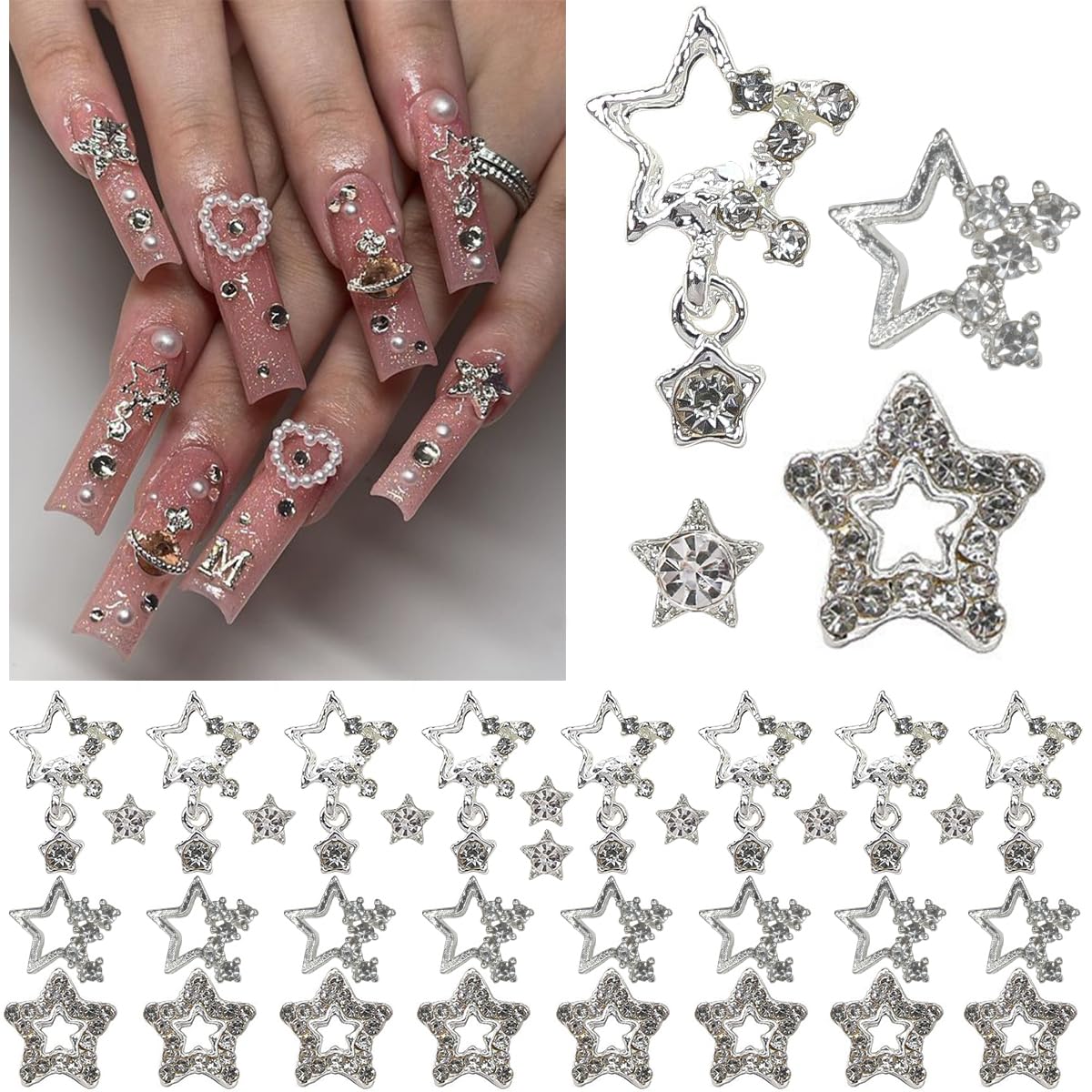 qiipii 32Pcs Star Nail Charms for Acrylic Nails 3D Silver Dangle Stars Nail Rhinestones Gems Jewels Pentagram Cute Crystal Diamond Alloy Studs Nail