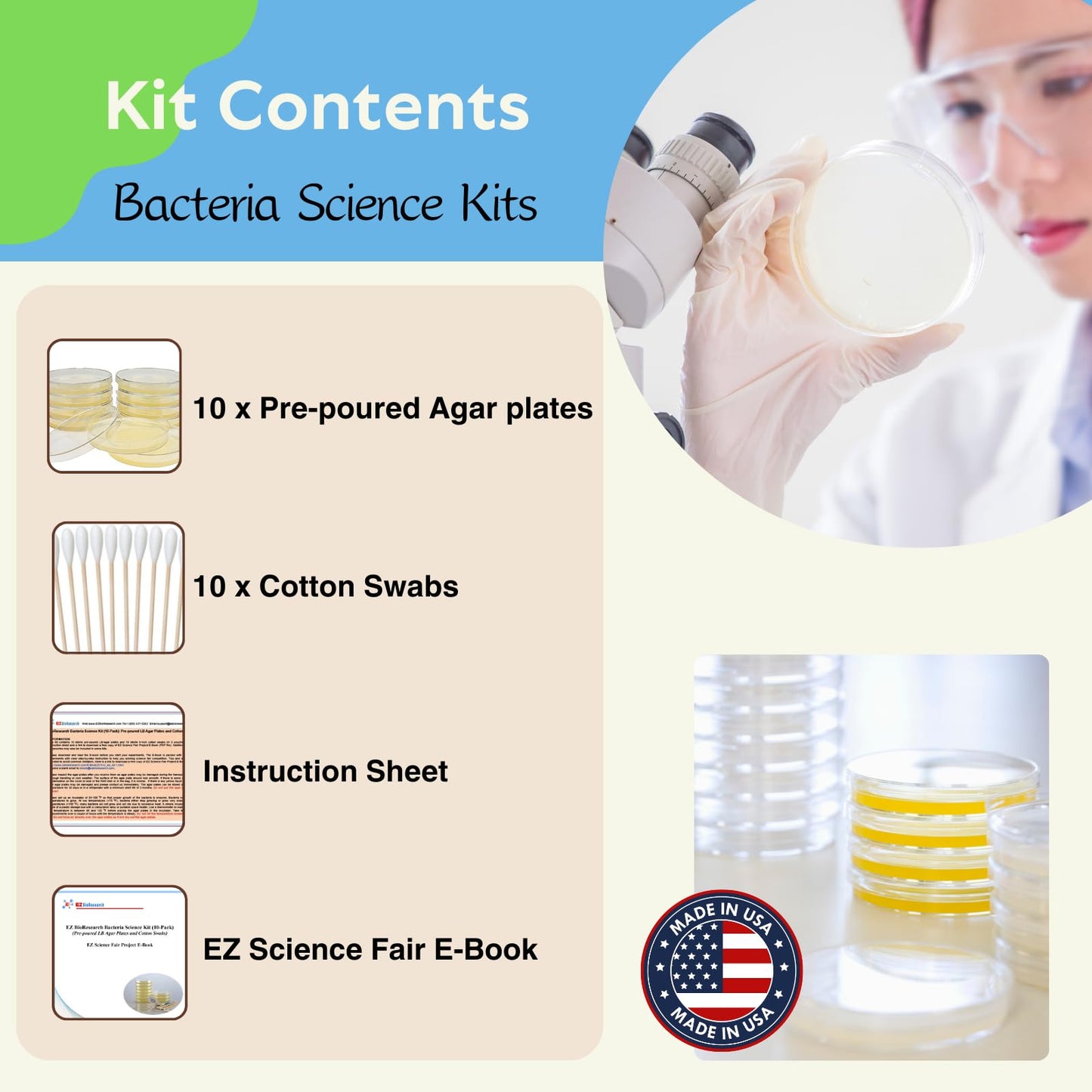 EZ BioResearch Bacteria Science Kit IV – Top Science Fair Project Kit with Pre-poured LB-Agar Plates, Cotton Swabs & Free E-Book with Experiments