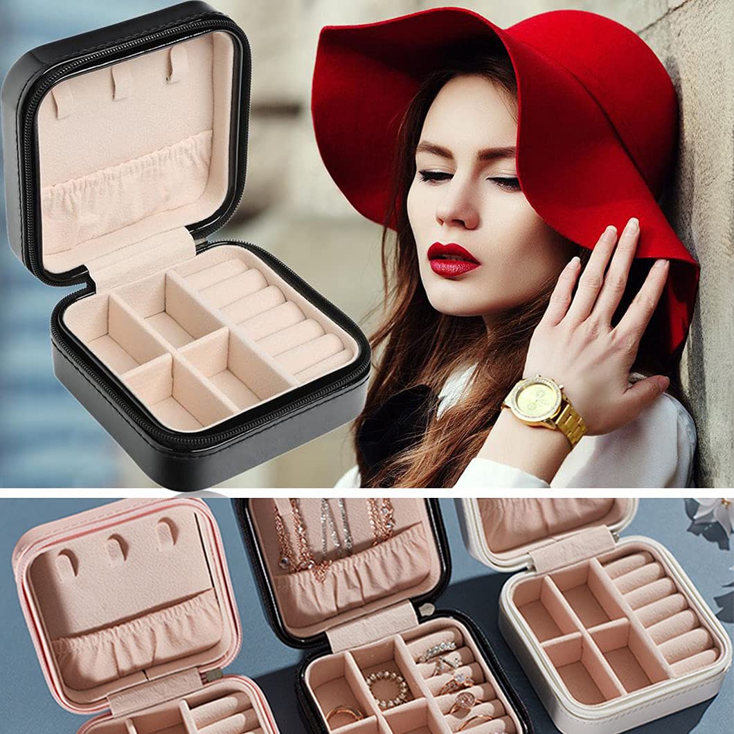 Rolin Roly PU Leather Jewelry Box Small Portable Travel Case with Zipper Black Organizer Display Storage Holder for Women Rings Earrings Necklaces…