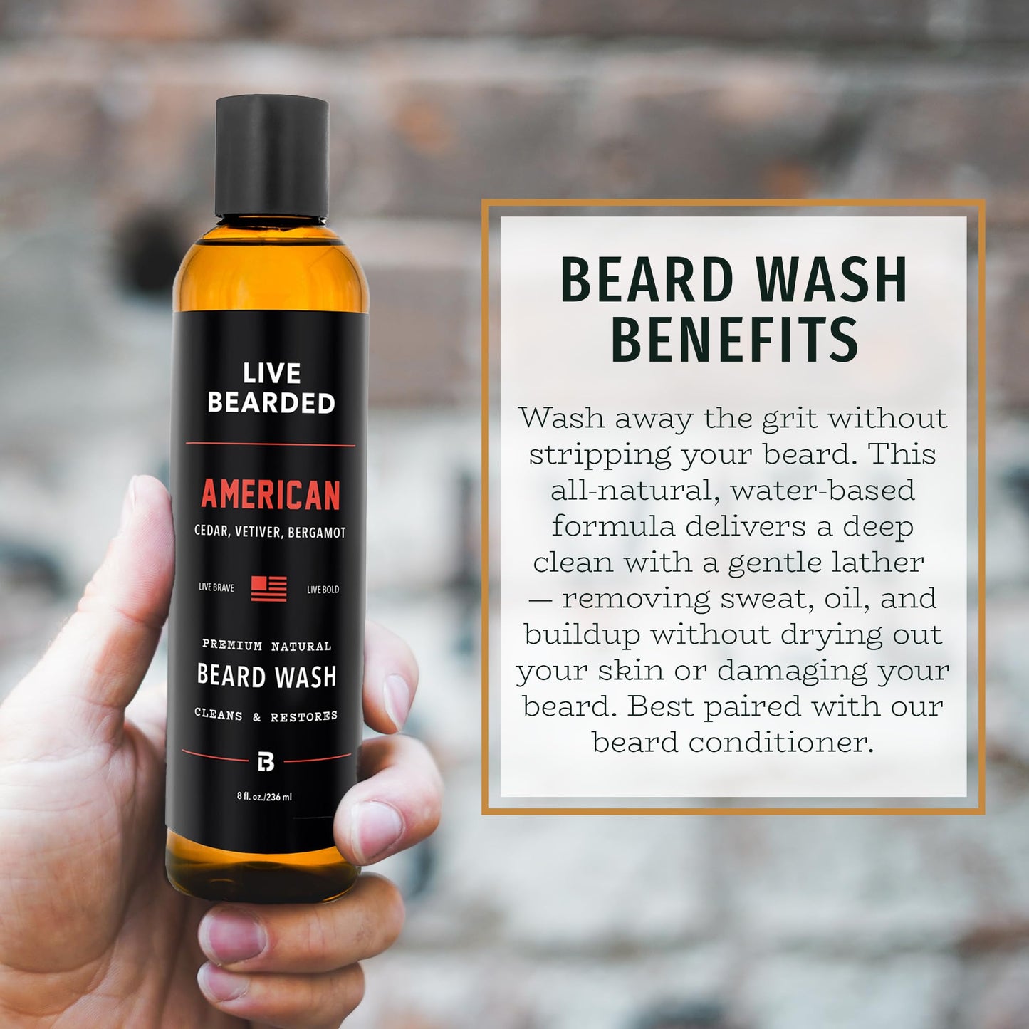 Live Bearded Beard Wash, 8 fl oz - Water-Based Face Cleanser with All-Natural Ingredients for a Gentle, Deep Clean - Made in the USA | American Scent